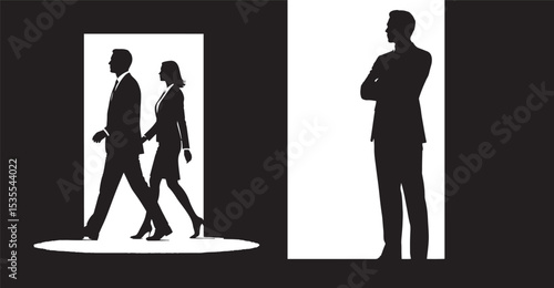 Business People Entering Office Door with Professional Man Standing Silhouette