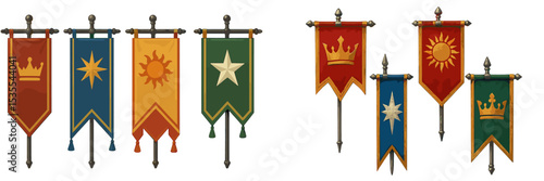 Decorative banners featuring crowns, stars, and suns displayed on wall mounts in vibrant colors