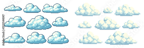 Clouds of various shapes and sizes created in pixel art style for backgrounds and designs
