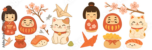 Cute Japanese inspired characters and objects featuring dolls, cats, and cherry blossoms in vibrant colors
