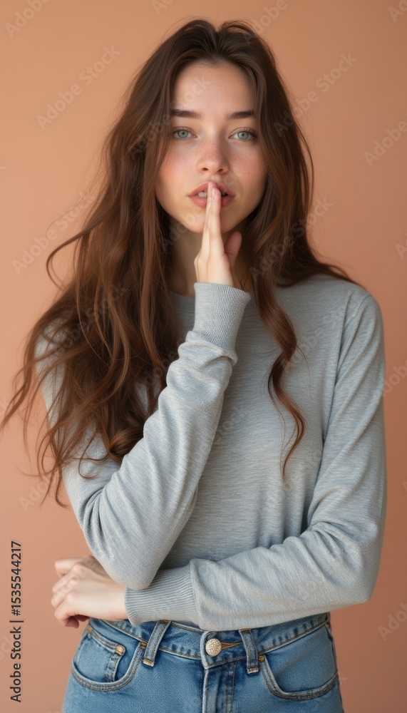 Young woman with long hair holding a finger to her lips Young woman with long hair holding a finger to her lips
