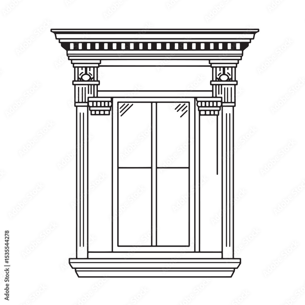 Fototapeta premium Elegant architectural window design featuring detailed classical columnar elements and a stylish silhouette for illustrative projects