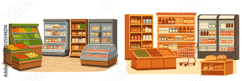 Grocery store interior showcasing fresh produce, refrigerated items, and various pantry staples in a vibrant shopping environment