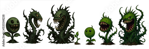 Plants evolve into monstrous creatures showcasing various forms and expressions in a vivid display of nature's imagination