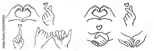 Various hand gestures expressing love and connection showcased in black and white line art
