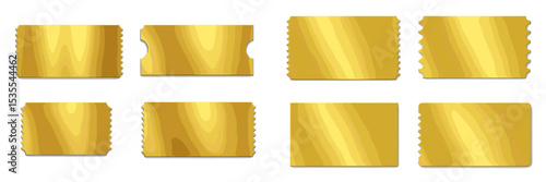 Various shapes of shiny gold coupons displayed on a white background for promotional offers or discounts