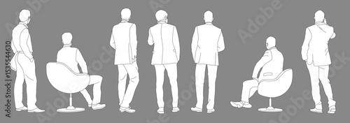 Men in suits from behind executives standing CAD illustration in editable vector lines