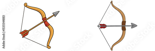 Bow and arrow illustration showing different designs for archery with wooden materials and distinct features