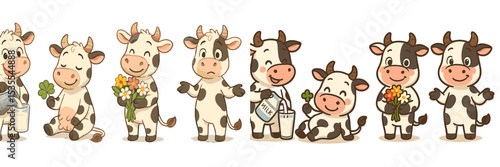 Cute cartoon cows engage in various joyful activities celebrating farm life during a bright sunny day