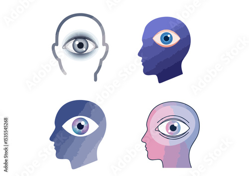 Open eye inside a head silhouette with soft gradients, representing mindful observation of self on transparent background
