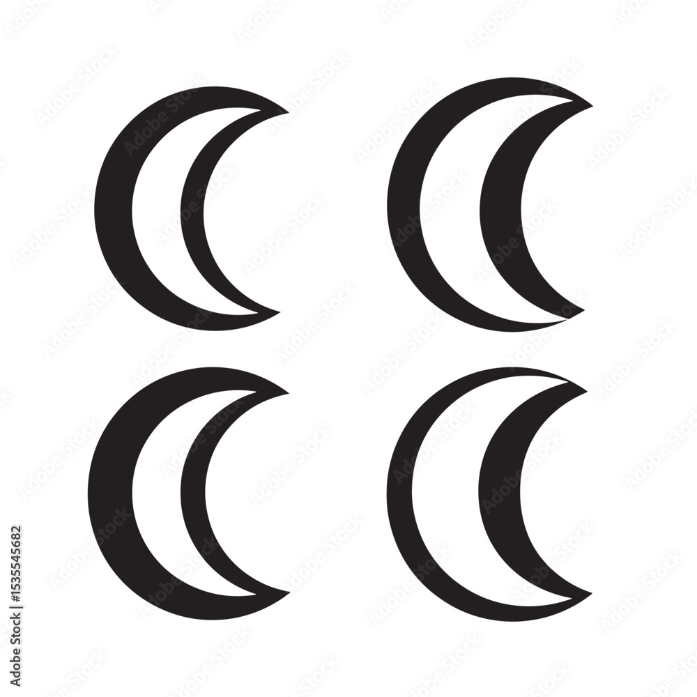 Four simple crescent moon silhouettes in a repeating pattern ideal for logo design and celestial thematic elements. Four simple crescent moon silhouettes in a repeating pattern ideal for logo design and celestial thematic elements.