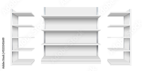 Empty supermarket shelves isolated on white background. 3d render