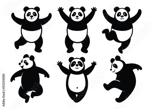 Playful cartoon panda bears in various poses isolated on white background vector illustration