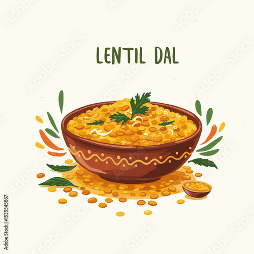 Traditional lentil dal in decorative bowl with herbs and spices  