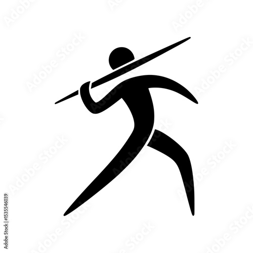 Sport icon, javelin throw, Olympic pictogram, black and white, minimalist design