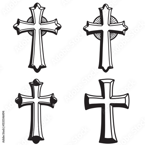 Set of four detailed black and white silhouette crosses design elements symbolizing faith christianity and religion