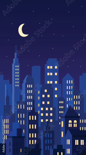 Minimalist cityscape illustration at night with tall buildings, glowing windows, and a crescent moon under a starry sky. Perfect for urban, night, and modern city-themed designs.