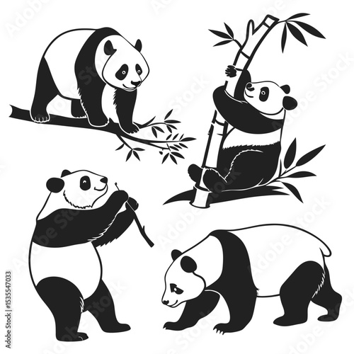 Simple monochrome illustrations featuring playful pandas in different poses with bamboo foliage