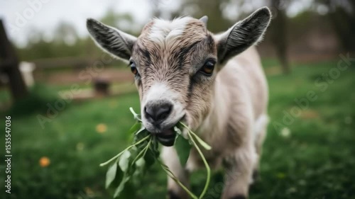 Cute baby goat eating green grass with mouth full looking directly at camera. Farm animal portrait for agriculture and livestock content marketing campaigns