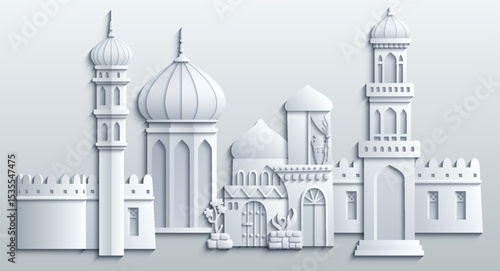 White paper cut style vector illustration of an oriental city with domes, towers, and minarets. Perfect for Arabian, Islamic, and fairytale themed designs