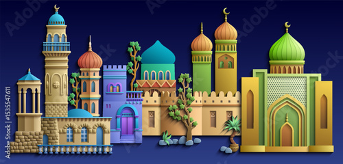 Colorful paper cut style vector illustration of an oriental city with domes, towers, and minarets. Perfect for Arabian, Islamic, and fairytale themed designs