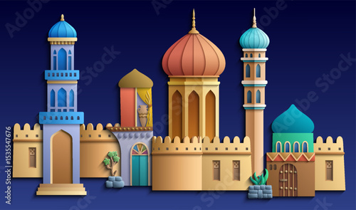 Colorful paper cut style vector illustration of an oriental city with domes, towers, and minarets. Perfect for Arabian, Islamic, and fairytale themed designs