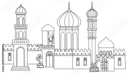 Line art vector illustration of an oriental city with domes, towers, and minarets. Perfect for Arabian, Islamic, and fairytale themed designs
