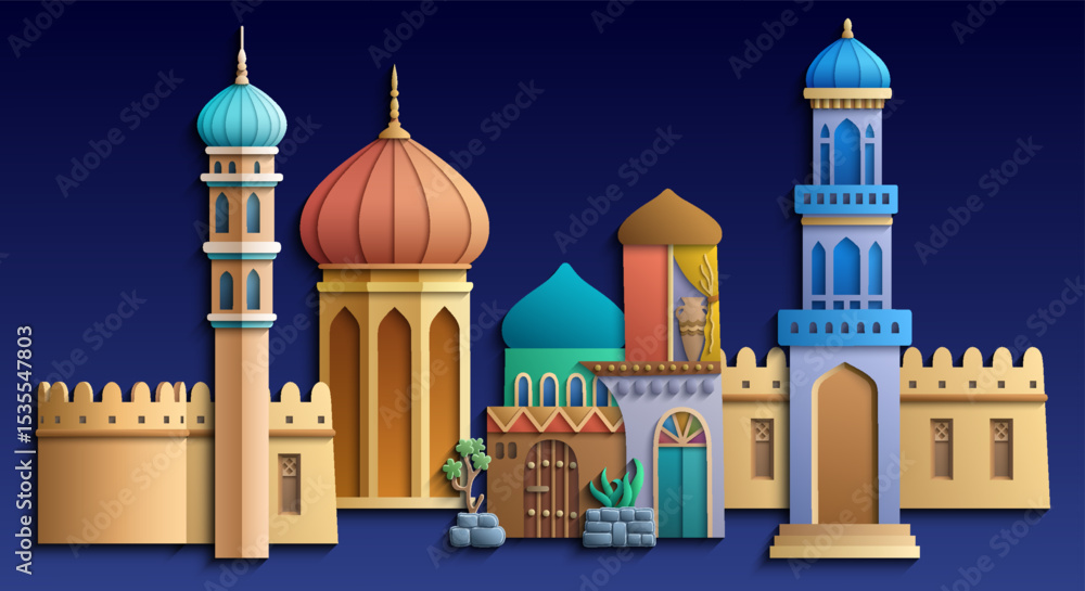 Obraz premium Colorful paper cut style vector illustration of an oriental city with domes, towers, and minarets. Perfect for Arabian, Islamic, and fairytale themed designs