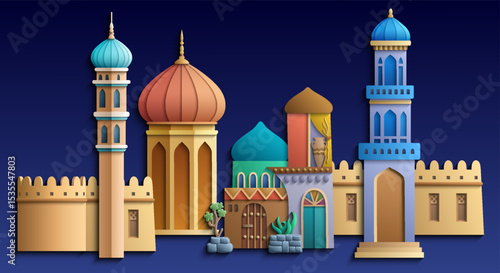 Colorful paper cut style vector illustration of an oriental city with domes, towers, and minarets. Perfect for Arabian, Islamic, and fairytale themed designs