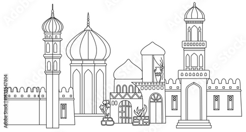 Line art vector illustration of an oriental city with domes, towers, and minarets. Perfect for Arabian, Islamic, and fairytale themed designs