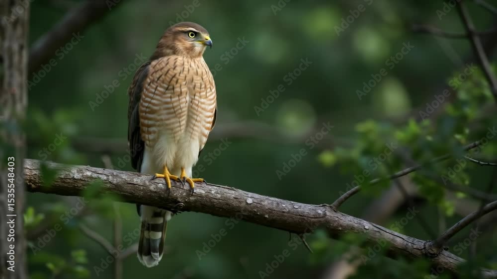 Cooper hawk perched on tree branch with striped brown feathers and yellow talons. Forest raptor bird for wildlife education and birdwatching content Cooper hawk perched on tree branch with striped brown feathers and yellow talons. Forest raptor bird for wildlife education and birdwatching content
