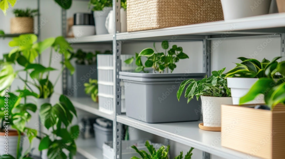Fototapeta premium Indoor gardening with various potted plants and storage solutions on metal shelves