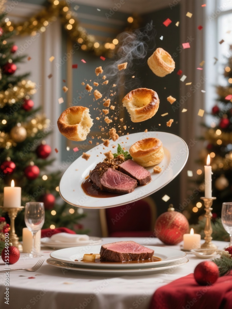 Elegant Christmas Dinner with Roast Beef, Yorkshire Puddings, and Festive Decorations Elegant Christmas Dinner with Roast Beef, Yorkshire Puddings, and Festive Decorations