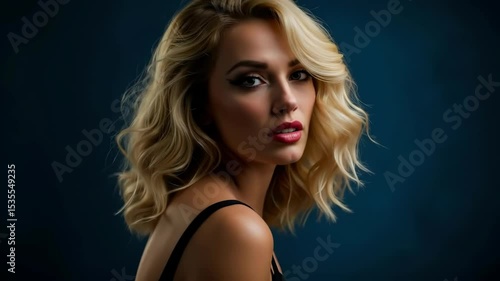 Blonde woman with wavy hair and red lipstick posing in black dress against dark blue background. Glamorous beauty portrait for fashion, cosmetics and haircare advertising