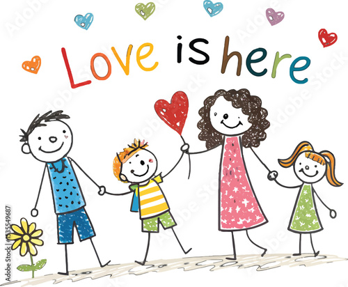 Love is Here: Capturing the essence of familial bonds through a heartwarming illustration, a loving family comes together, the embodiment of affection and unity.