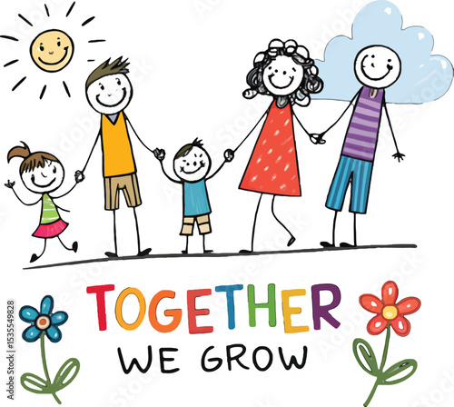 **Together We Grow: A whimsical depiction of a loving family unit coming together, embodying growth, happiness, and the nurturing of relationships.** 