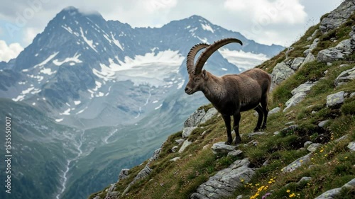 Wild ibex goat with large curved horns standing on rocky mountain slope. Alpine animal in natural mountainous habitat with snow peaks background