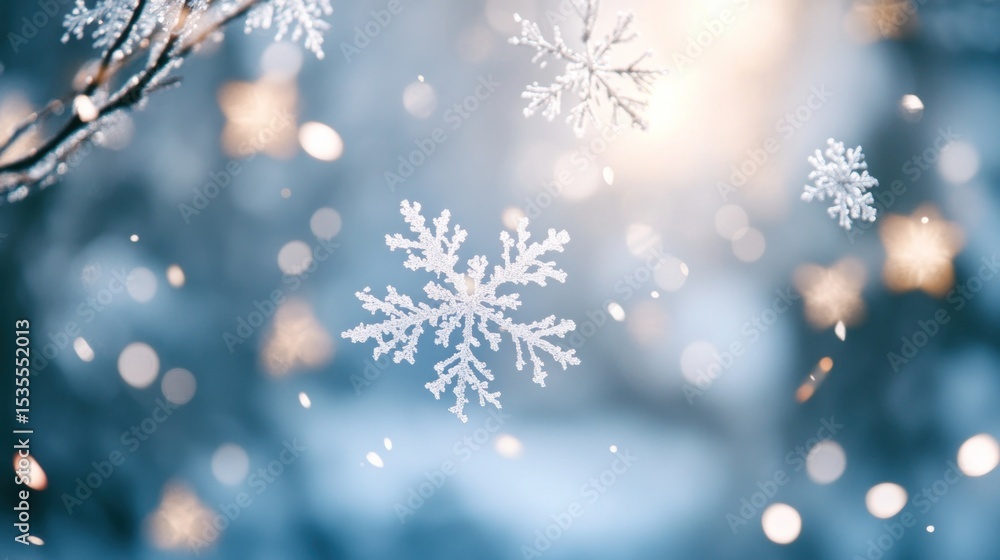 Delicate snowflakes falling in a magical winter wonderland with soft bokeh lights Delicate snowflakes falling in a magical winter wonderland with soft bokeh lights