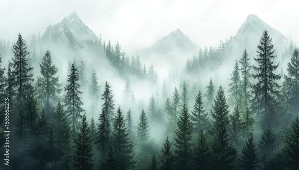 Misty mountain forest scene Misty mountain forest scene