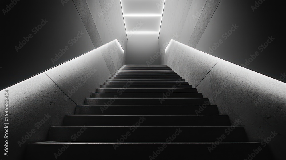 Fototapeta premium Monochrome stairs leading upward towards luminous light, reflecting ambition