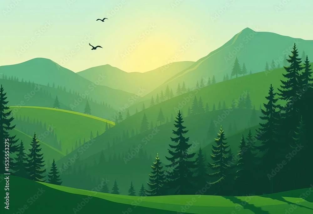 Fototapeta premium Minimalist green mountain landscape with pine trees, birds, and sun, sunshine, sunlight