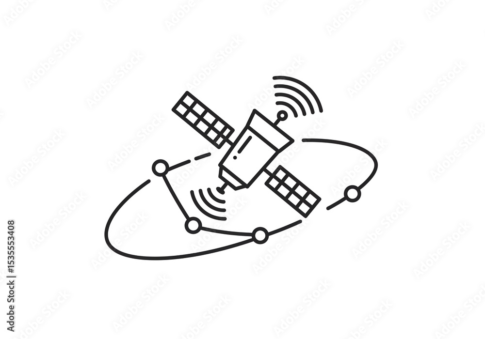 A simple line drawing of a satellite orbiting earth with signals emanating from the satellite body