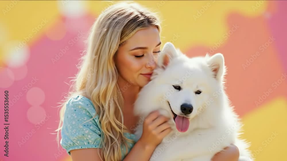 Happy blonde woman hugging white fluffy dog with colorful rainbow background. Joyful female with pet companion for lifestyle and animal love content Happy blonde woman hugging white fluffy dog with colorful rainbow background. Joyful female with pet companion for lifestyle and animal love content