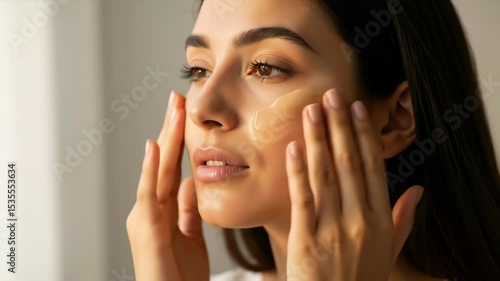 Woman applying moisturizer cream to face with gentle hand movements. Female skincare routine with hydrating treatment for beauty and cosmetic services