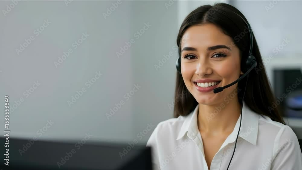 Smiling customer service representative with headset in modern office environment. Professional woman providing phone support for business and communication services