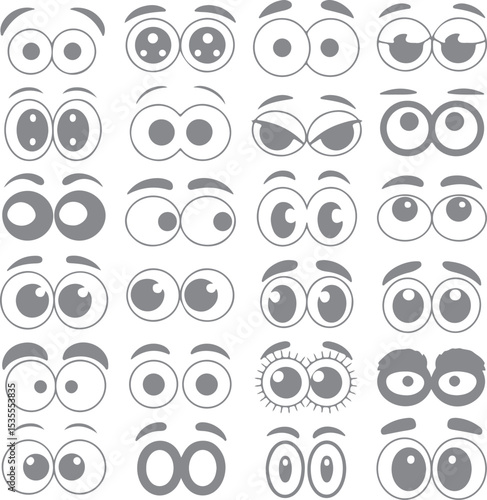 Collection of Grey Cartoon Eyes Illustrations Various Expressions Eyebrows Silhouettes Simple Design Elements for Animation