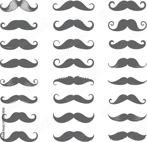 Collection of Gray Mustache Silhouettes Various Styles and Shapes Set of Twenty Different Mustaches Icons Isolated on White Background