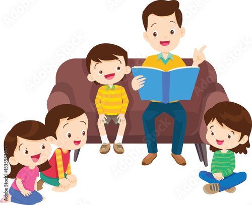 Storytelling and Connection: An illustration of a smiling person captivating an audience of young children during a heartwarming story time experience.