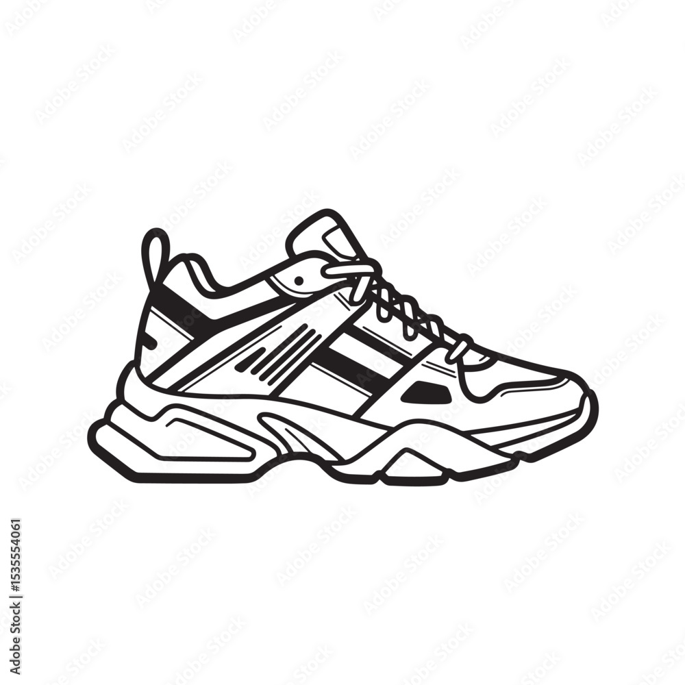 A detailed monochrome silhouette illustration of a chunky modern athletic sneaker showing intricate design and construction for fashion or footwear concepts. A detailed monochrome silhouette illustration of a chunky modern athletic sneaker showing intricate design and construction for fashion or footwear concepts.