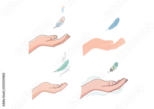 Open hand releasing a small floating feather, soft curved lines and pastel tones, symbolizing emotional release on transparent background
